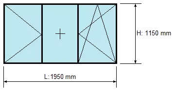 schita fereastra in trei canate cu deschidere simpla, parte fixa si deschidere dubla